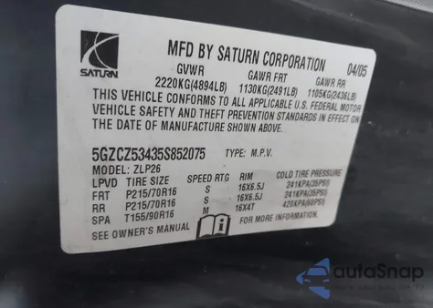 2005 Saturn Vue V6 из США, поврежденный, VIN 5GZCZ53435S852075